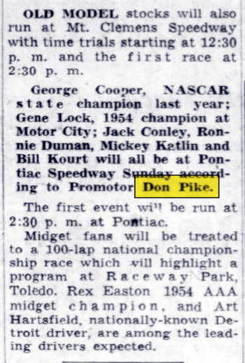 Pontiac Speedway (M-59 Speedway) - May 1955 Article About Don Pike (newer photo)